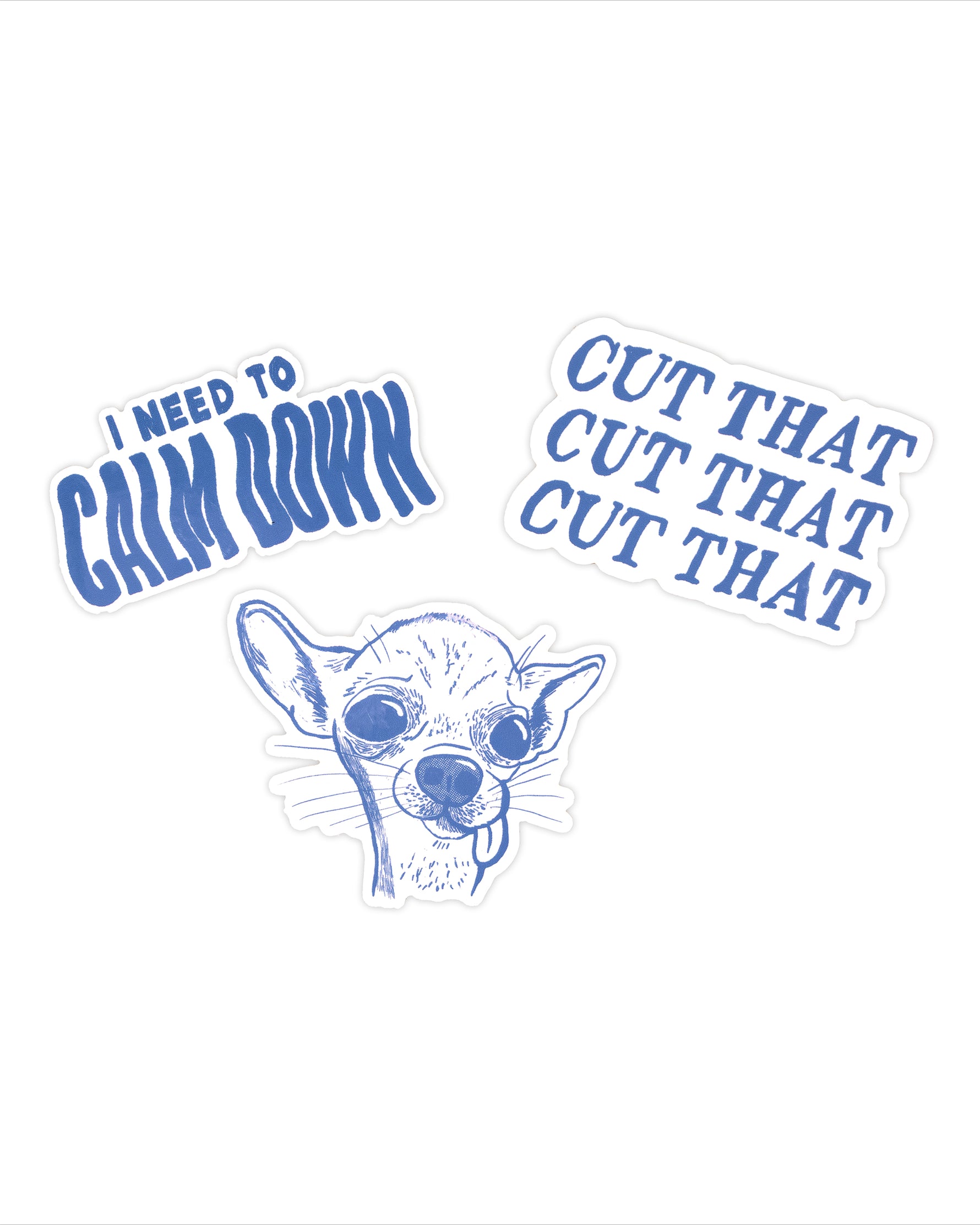 Two blue stickers with text and a dog illustration on a white background