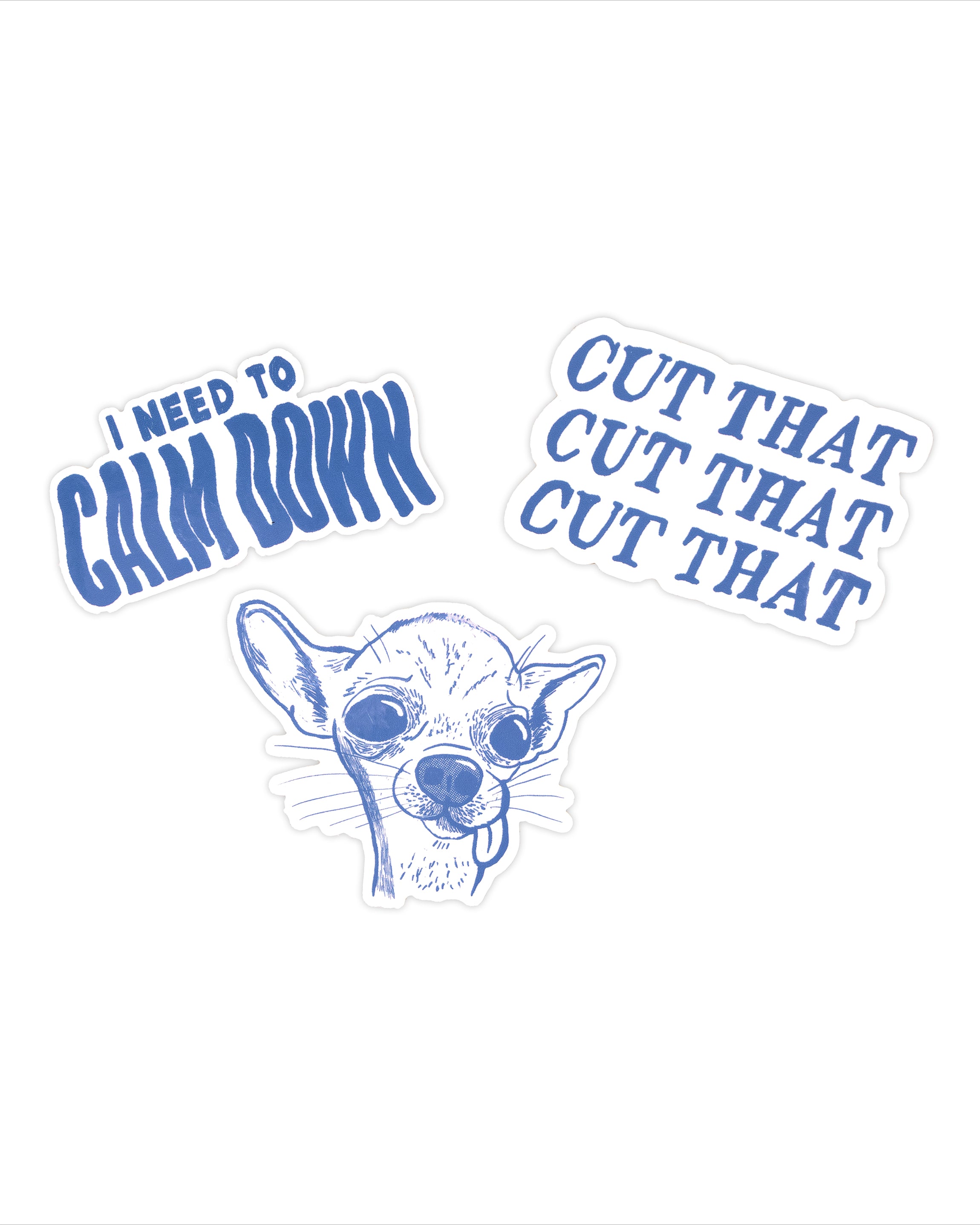 Two blue stickers with text and a dog illustration on a white background