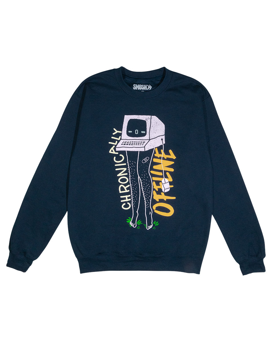 Smosh Navy long sleeve crewneck with Lillac and Yellow Chronically Offline computer Logo