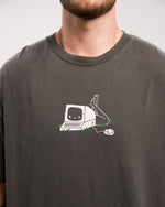 Tommy Bowe Smosh wearing faded grey short sleeve chronically offline logo tshirt close up