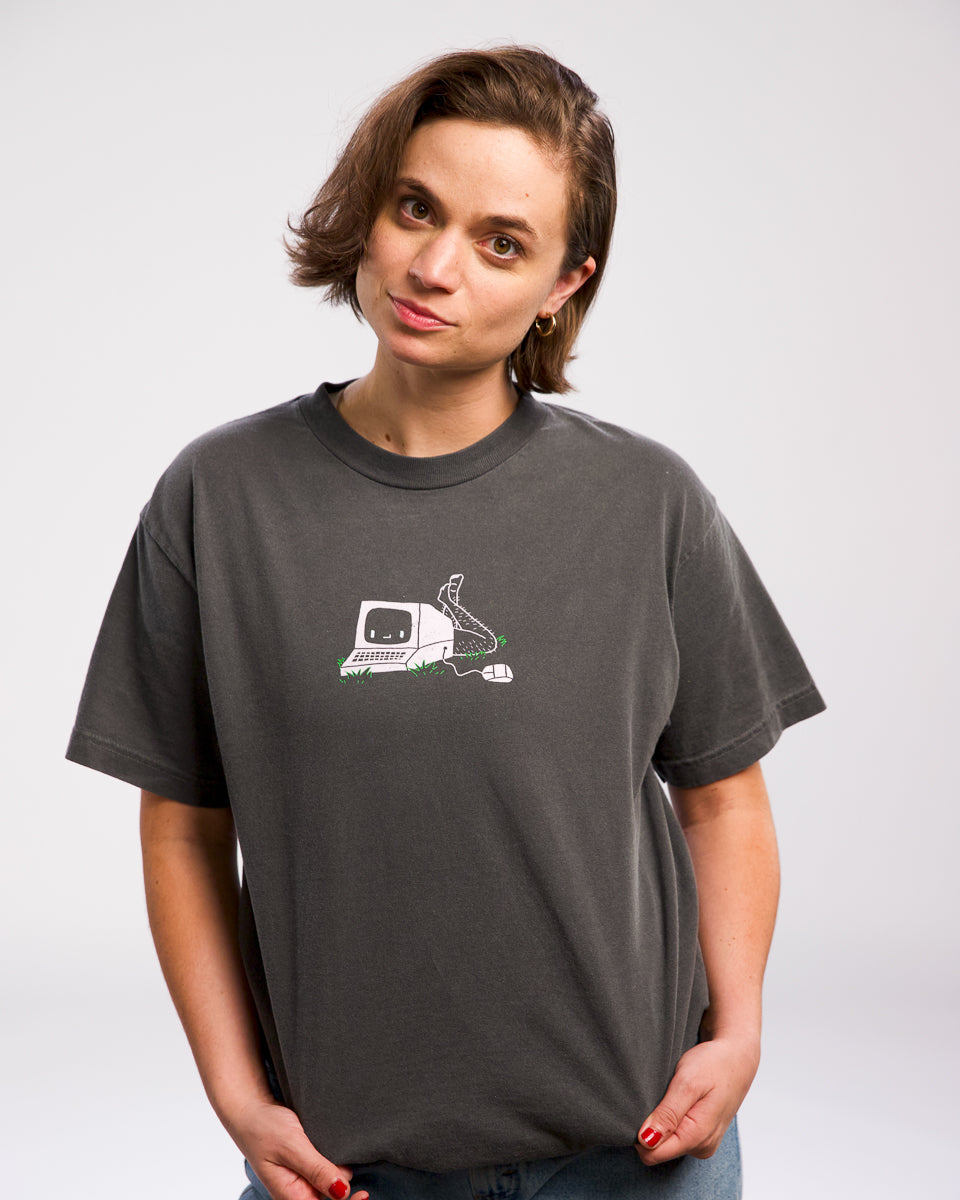Angela Giarratana Smosh wearing faded grey short sleeve chronically offline logo tshirt