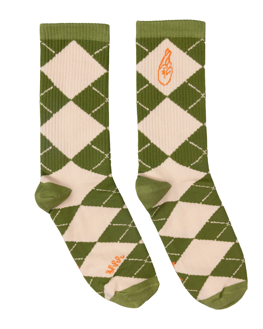 A pair of crew socks with an olive green and cream argyle pattern, featuring a small orange graphic crossed fingers on the upper leg and heel.