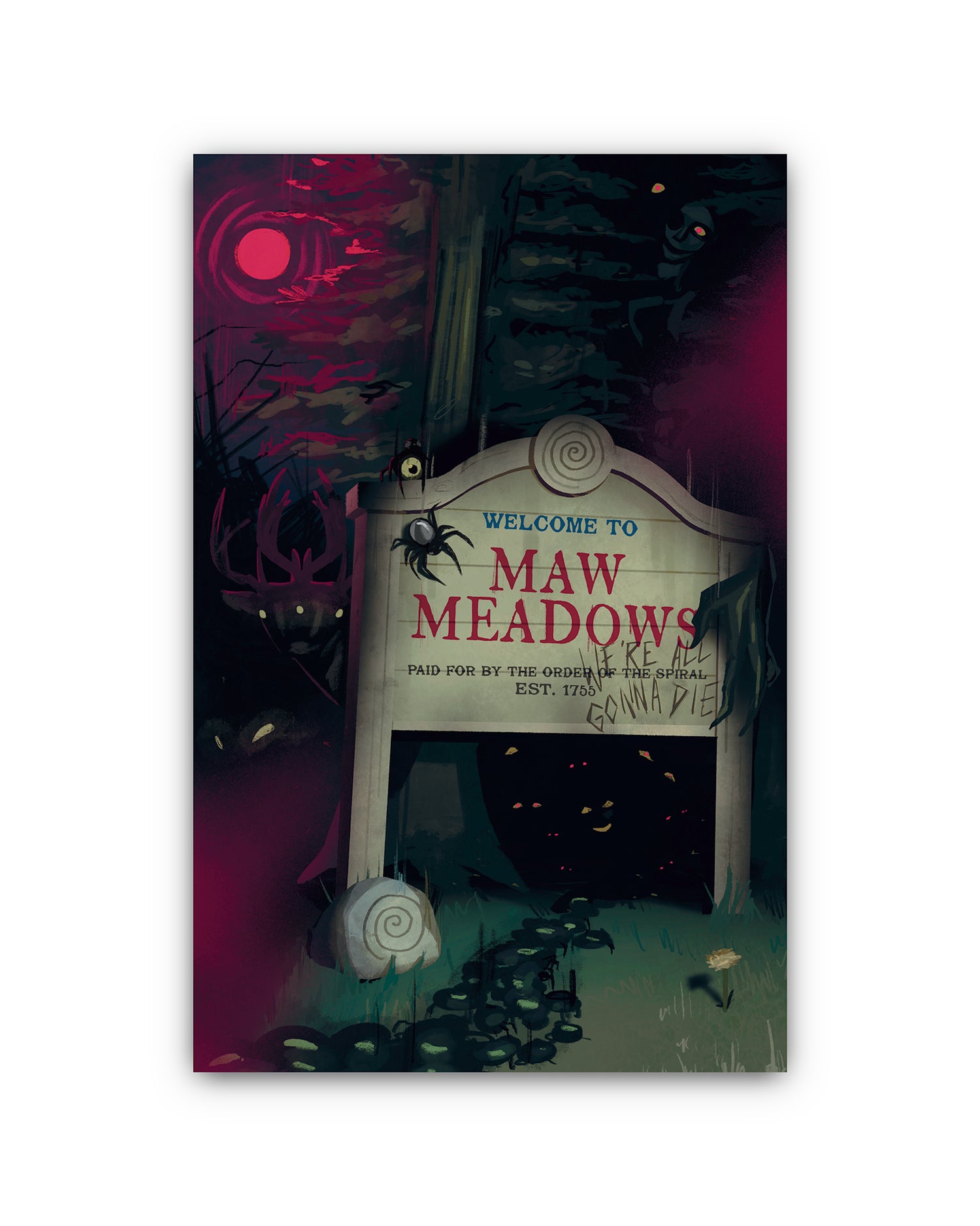 Gothic-style sign for 'Maw Meadows' with a dark, eerie atmosphere.