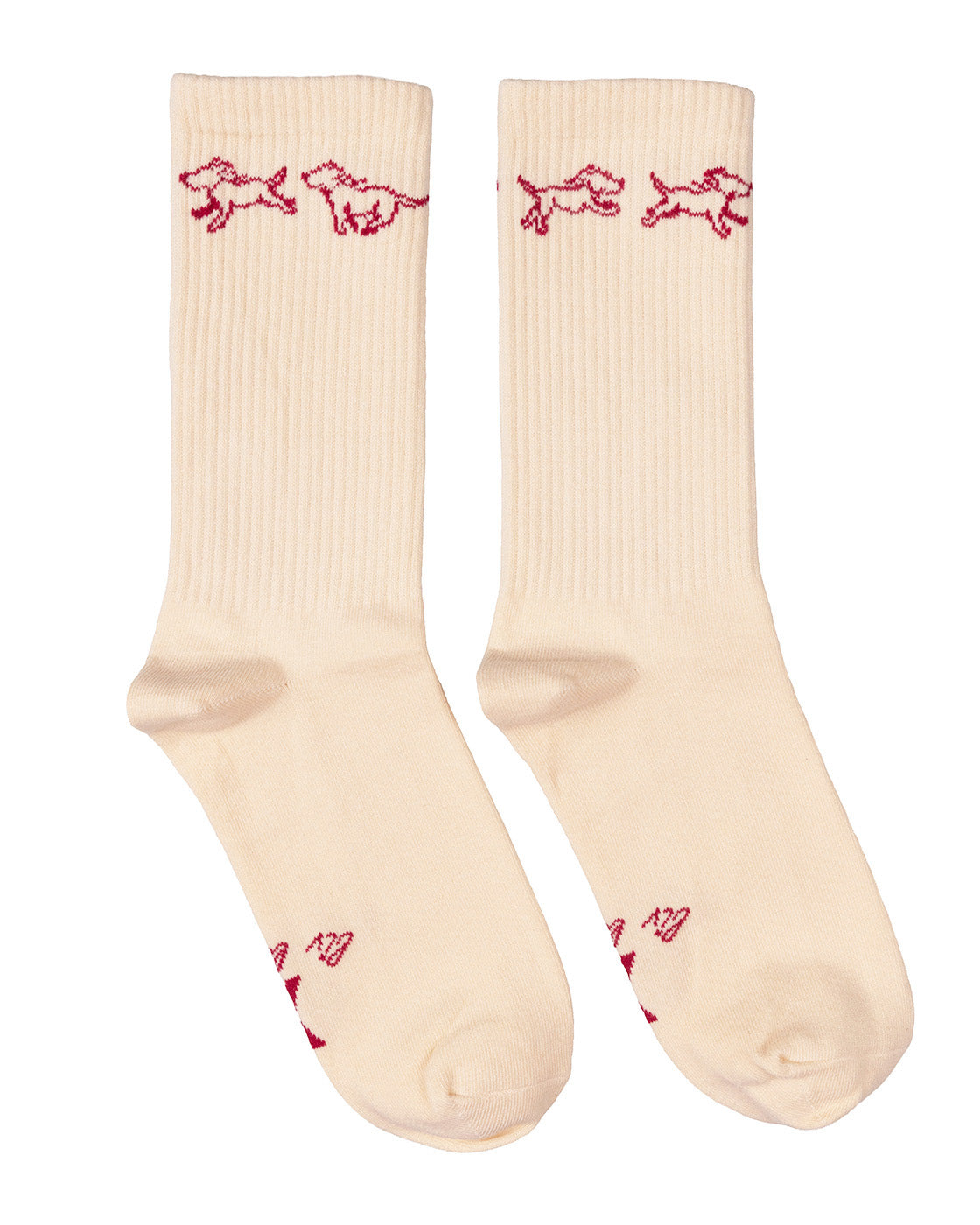 A pair of cream-colored ribbed crew socks with red embroidered dog motifs near the top cuff and on the toes, displayed against a plain white background.