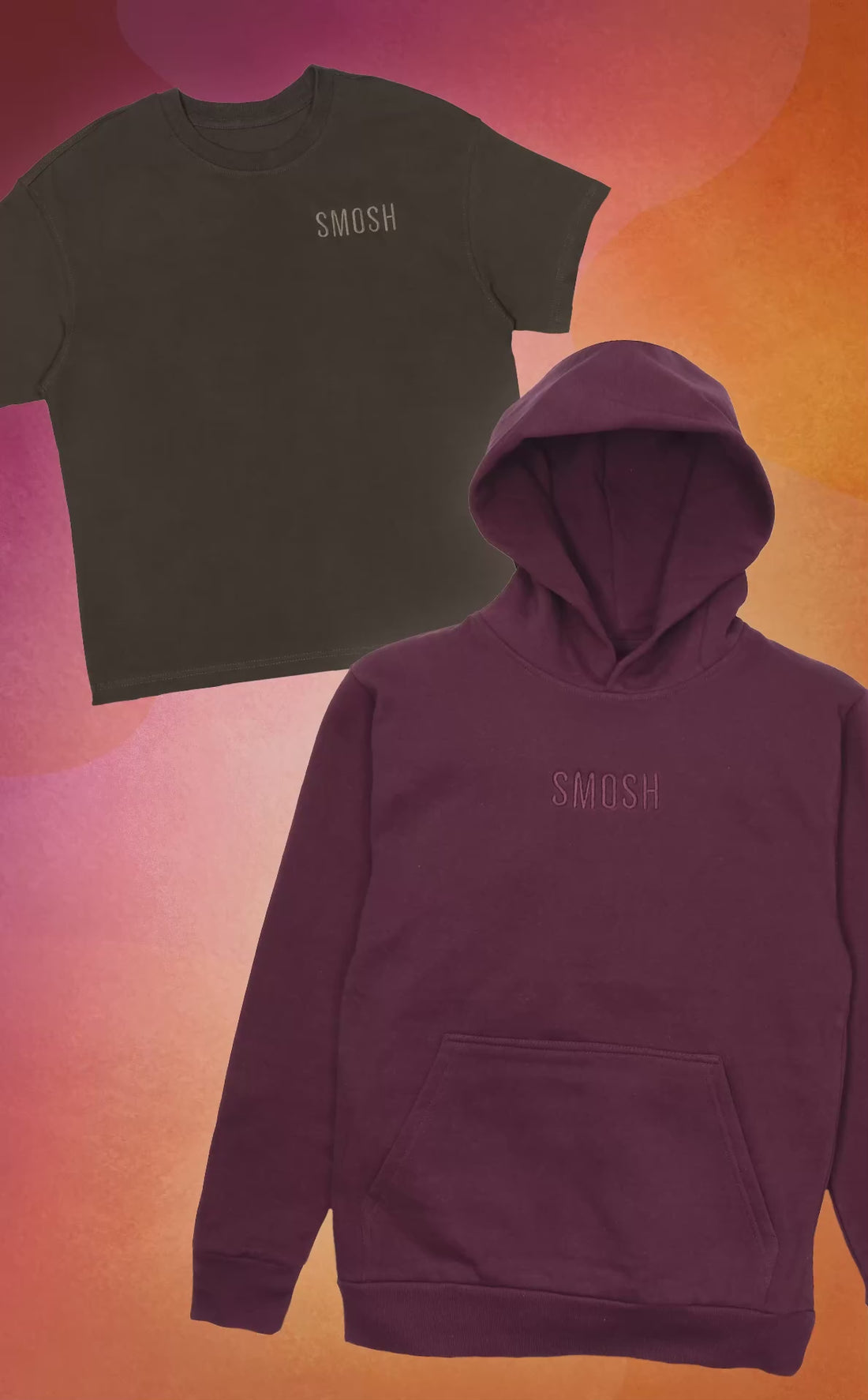 Video showcasing the brown embroidered essentials SMOSH shirt and the maroon embroidered essentials SMOSH shirt. Fall colored leaves are falling down the video in the background while the shirt and hoodie are still images