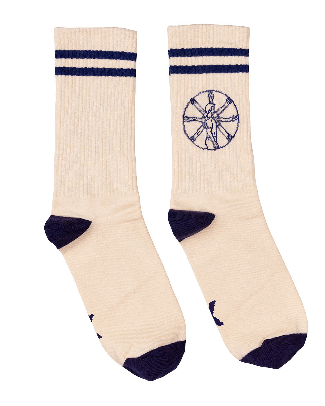 A pair of cream-colored crew socks with navy blue stripes at the cuff, a navy blue man with arms at different positions in a circle graphic on one sock, and navy blue heels and toes, shown against a plain white background.
