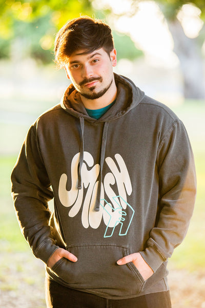 Damien Haas from Smosh wearing Smosh Groovy Hoodie with puff ink