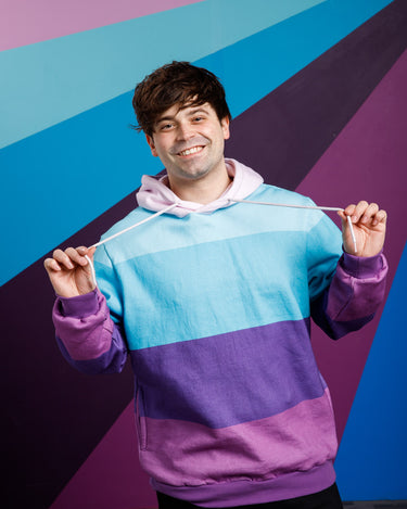 Damien Haas from Smosh wearing Try Not to Laugh Striped Hoodie