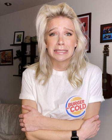 Courtney Miller from Smosh wearing Burger But Cold parody tee