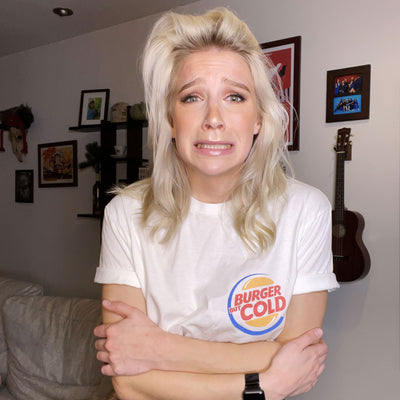 Courtney Miller from Smosh wearing Burger But Cold parody tee