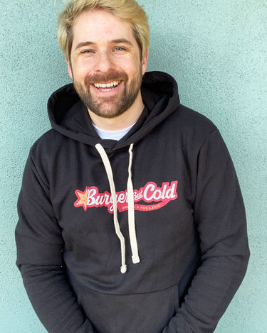 Ian Hecox from Smosh wearing Burger But Cold parody hoodie
