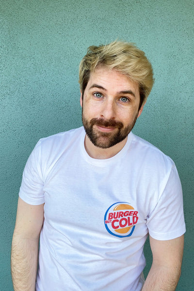 Ian Hecox from Smosh wearing Burger But Cold parody tee