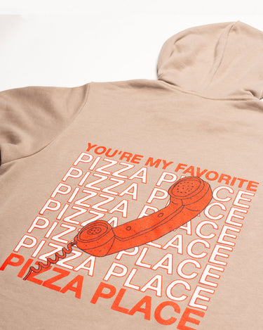 Back Detail Shot of Smosh's Tan Pizza Place Hoodie Laid Flat